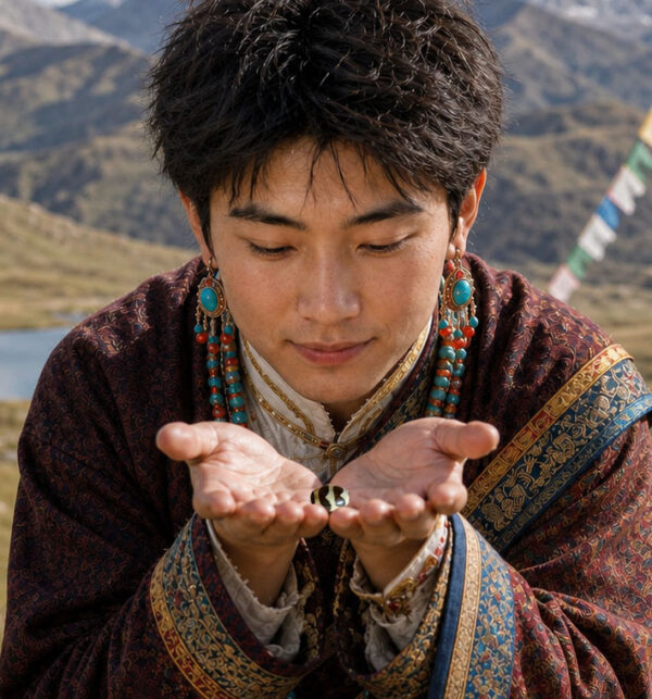 藏式小巧雙虎牙達洛天珠 雪域佛門守福擋煞吉祥藏珠